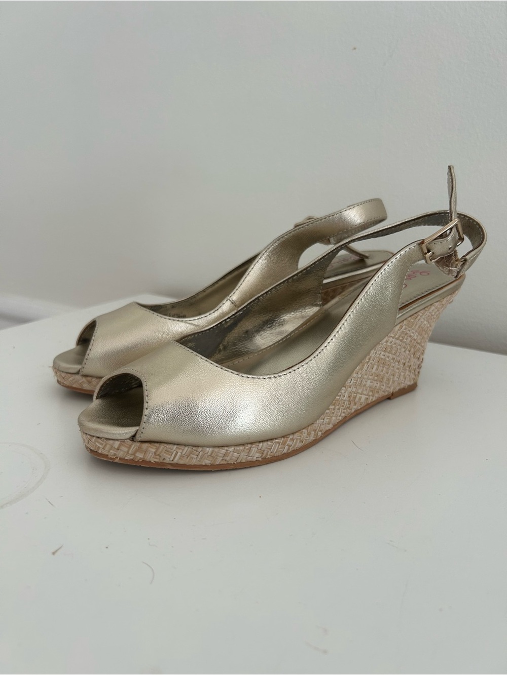 Lilly Pulitzer Metallic Gold Peep-Toe Wedge Slingbacks